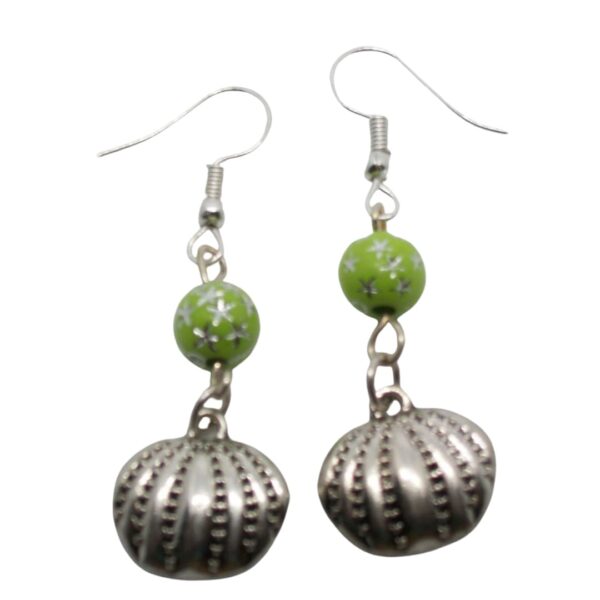 hook-wire-earrings-green-bead-silver-pumpkin-charm