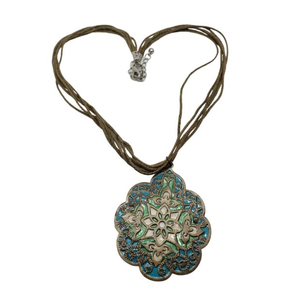 multipe-khaki-leather-cords-blue-green-flower-shaped-metal-charm-necklace