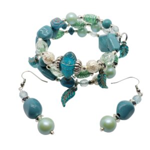 blue-green-beads-silver-accents-feather-shaped-char- bracelet-earrings