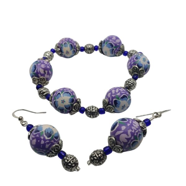 bracelet-elastic band-blue-purple-beads-hook-wire-earrings