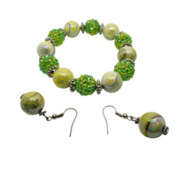 green-yellow-beads-silver-accents-elastic-band-hook-wire-earrings